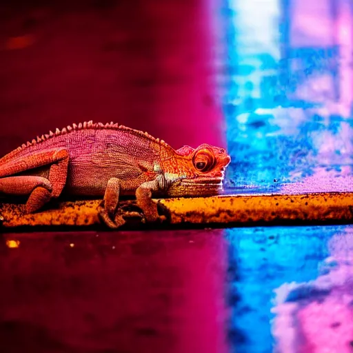 Image similar to a high quality low wide angle photo of a chameleon on the streets of a cyberpunk city, rainy, reflective ground, neon lights, realism, 8k