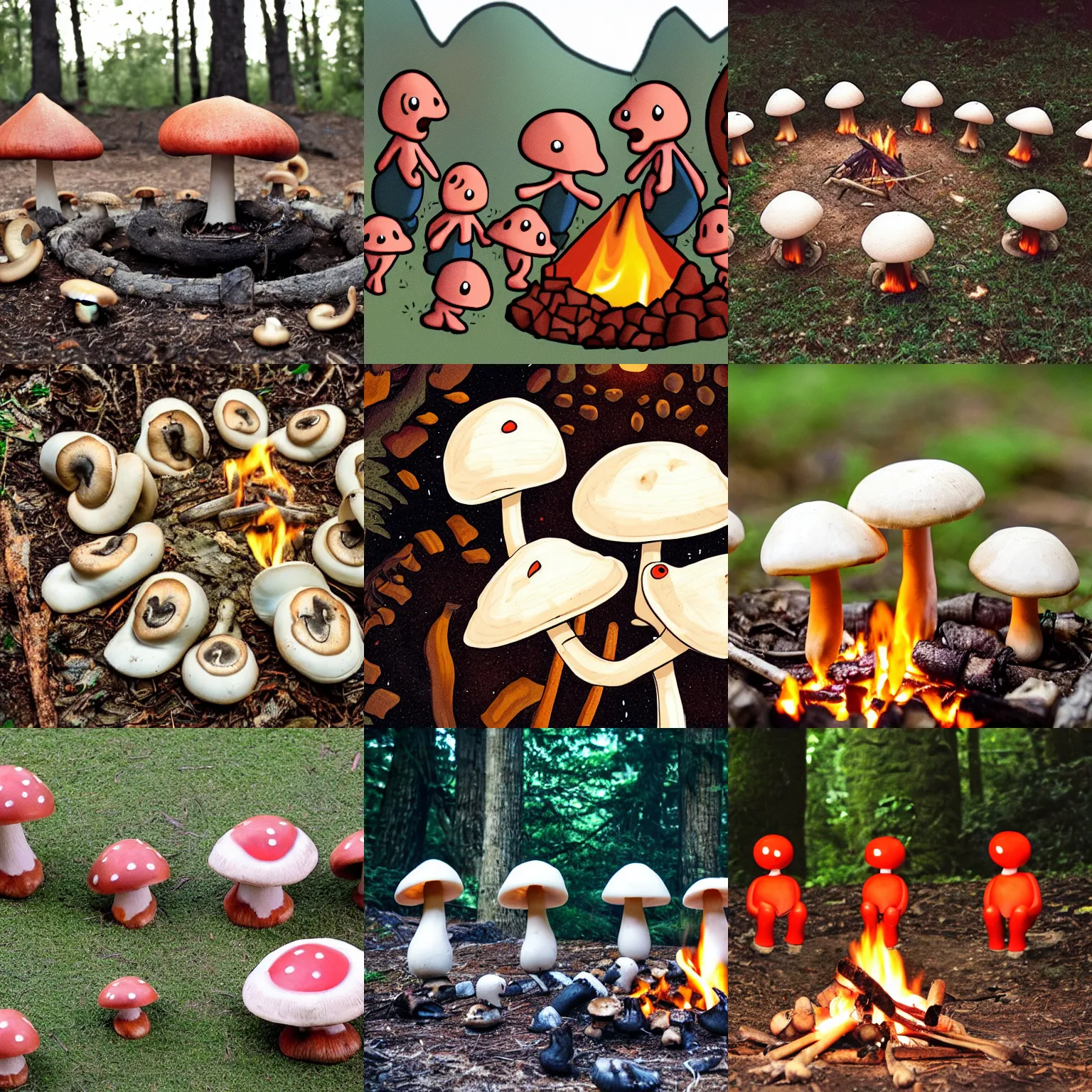 Prompt: mushrooms with a face and arms and legs, standing in a circle around a campfire