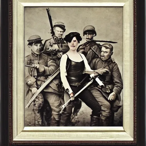 Image similar to action heroine posing with her ww 1 warband by alfred stevens
