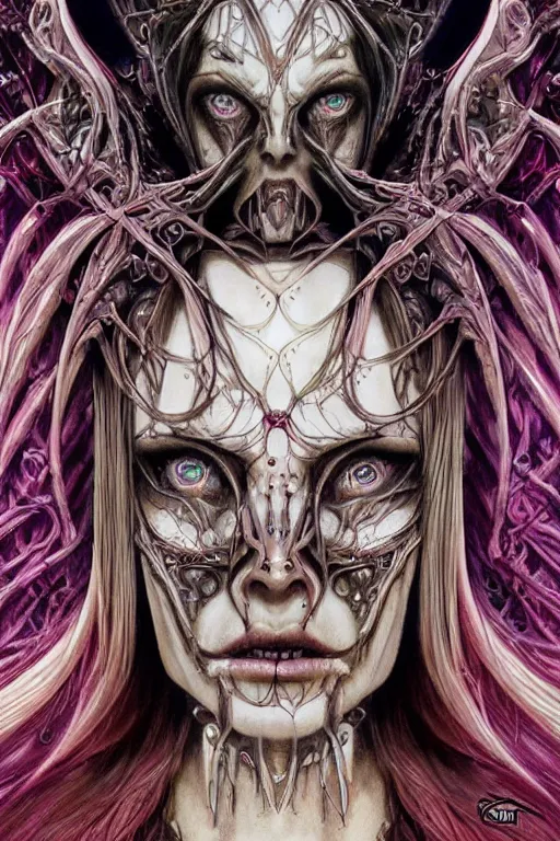 Prompt: Elden Ring and Doom themed painting of majestic chromatic biomechanical anatomical elven female hybrid beautiful ethereal angel symmetrical neutral mask closeup face tattoo pattern golden ratio concept, Neo-Gothic concept, infinity glyph waves, intricate artwork masterpiece, very coherent artwork, cinematic, full frontal facial features by Artgerm, art by H.R. Giger, Takato Yamamoto, Zdizslaw Beksinski, Johnatan Wayshak, Moebius, Ayami Kojima, very anatomically coherent artwork, trending on cgsociety, ultra high quality model, production quality cinema model, high detail chromatic ink outline, octane render, unreal engine 8k, hyper realism, high detail, octane render, unreal engine, 8k, High contrast