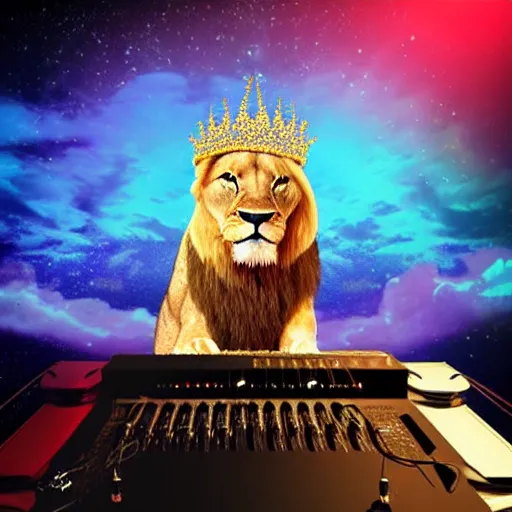 Image similar to Lion with crown in DJ booth in space, synthwave