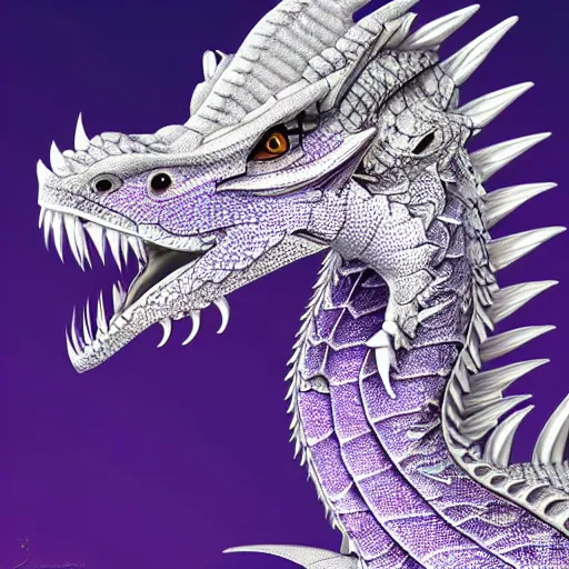 Prompt: a 128 foot tall elegant female silver scaled western dragon with purple accents; The scales smooth and streamlined, while having a sleek and sharp crest; two eyes bright blue; the snout sharp and pointed, yet sleek and elegant; close-up bust, high quality 16k digital art, deviantart, furaffinity