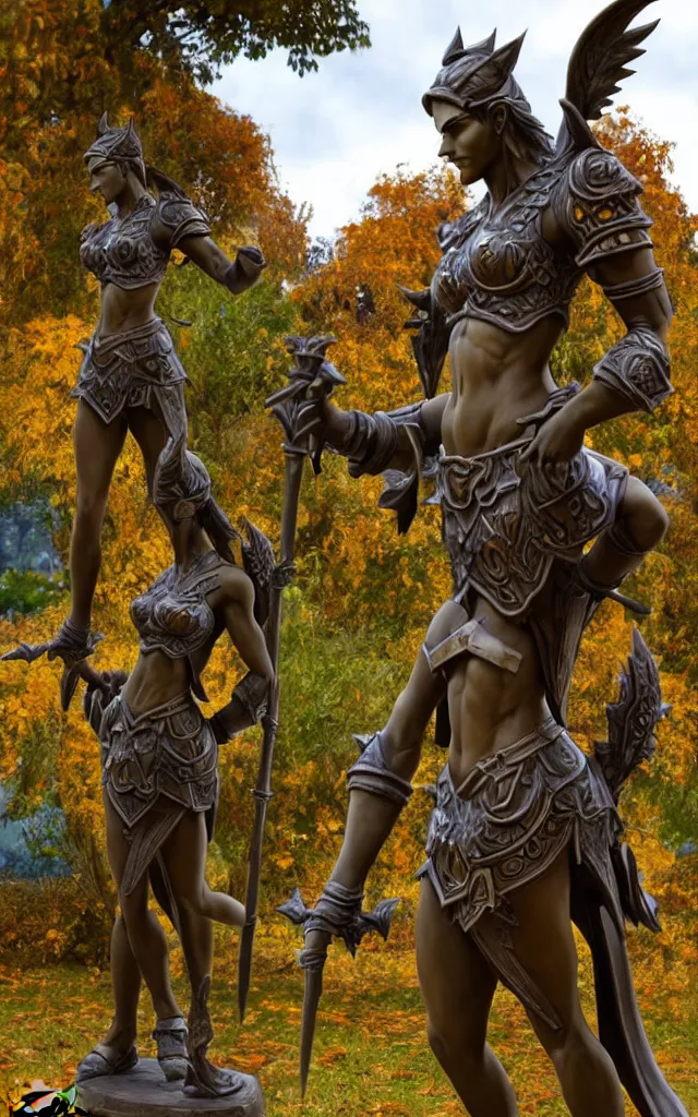 Prompt: detailed photo of old bronze patina statue of various characters of wow rpg game, super highly detailed, full body view, various poses, au blurry distant background with garden of ancient castel, photorealism, intricate detail, museum diffuse lighting, autumn sunlights