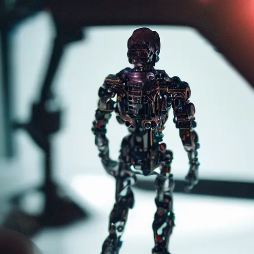 Image similar to cyborg andrew tate miniature, 8 k, cinematic perspective, movie shot, studio