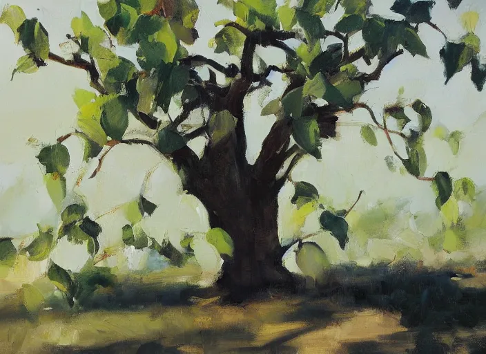 Image similar to oil painting of translucent pears on tree by greg manchess