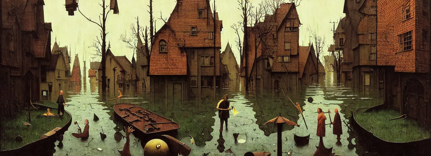 Image similar to flooded old wooden city street, very coherent and colorful high contrast masterpiece by norman rockwell franz sedlacek hieronymus bosch dean ellis simon stalenhag rene magritte gediminas pranckevicius, dark shadows, sunny day, hard lighting, reference sheet white background