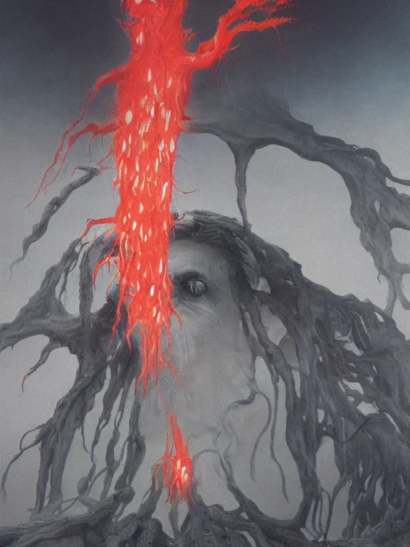 Image similar to wayne barlowe painting of a flying sorrowful looking severed human head, floating head with tears running down it's eyes, face that is chalk white in color, with long white tentacles stemming from it's neck, fiery scorching red eyes, background sprawling terrifying hellish cave with lava flowing through it's walls, 4 k