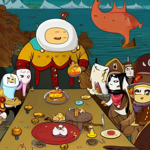 Prompt: The Pirate king dines on dragon hearts, surrounded by his court of puffins, who are cheering him on. A scene from adventure time. The feeling is Raucous and Joyful.