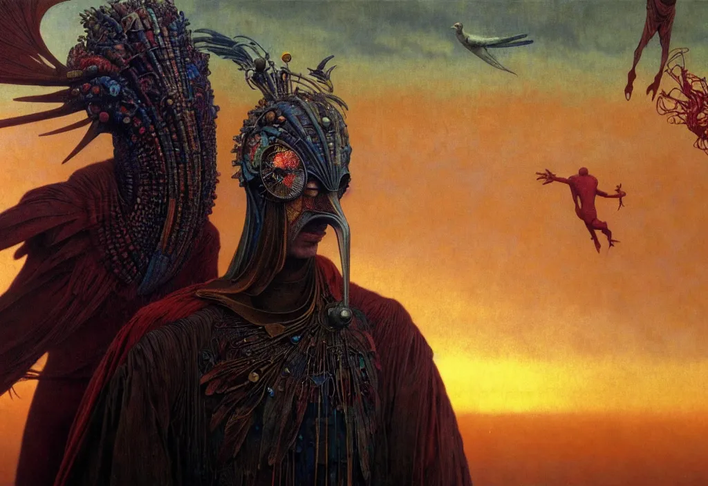 Image similar to realistic detailed portrait movie shot of a birdman wearing dark ragged robes, futuristic city sunset landscape background by denis villeneuve, amano, yves tanguy, alphonse mucha, ernst haeckel, max ernst, roger dean, rich moody colours, cinematic closeup