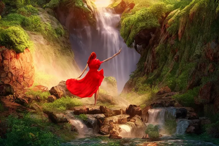 Prompt: a woman in a red dress is standing under the waterfall, post apocalypse, green everywhere, 4k, ultra details, cinematic, epic style, beautiful photo, hyper realistic, octane render, unreal engine, award winning, on artstation, volumetric lightning, masterpiece, golden hour,