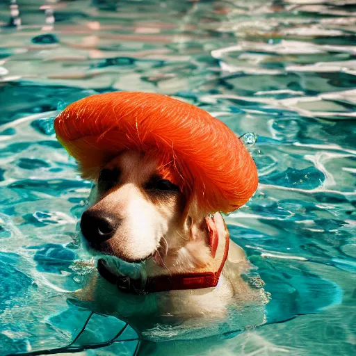 Prompt: a dog in a pool with a toy boat on the top of the dog's head, realistic, highly detailed, photo, 4k