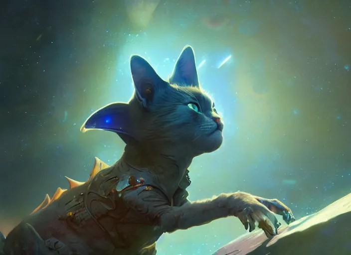 Image similar to a space cat from a musical sci - fi space opera, animated film, volumetric lighting, octane render by stanley artgerm lau, greg rutkowski, thomas kindkade, alphonse mucha, loish, norman rockwel,