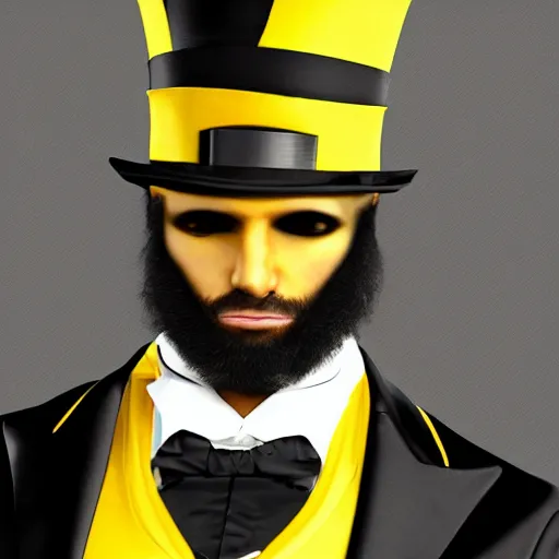 Image similar to a highly detailed portrait of a man in a high top hat covering his face, in a black tailcoat with a yellow waistcoat under the tailcoat, artstation, deviantart, professional, unreal engine 5, photorealistic