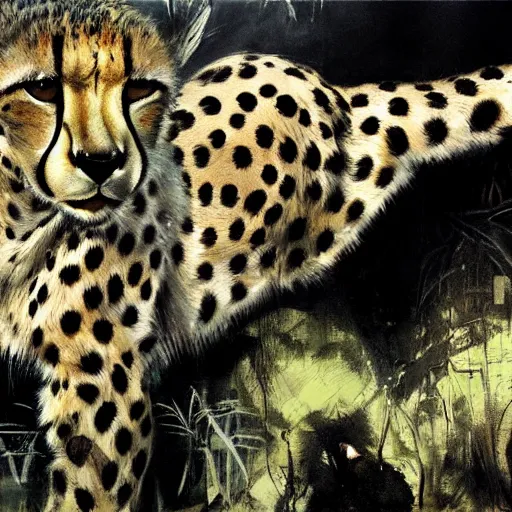 Image similar to cheetah in the jungle by dave mckean and yoji shinkawa, oil on canvas