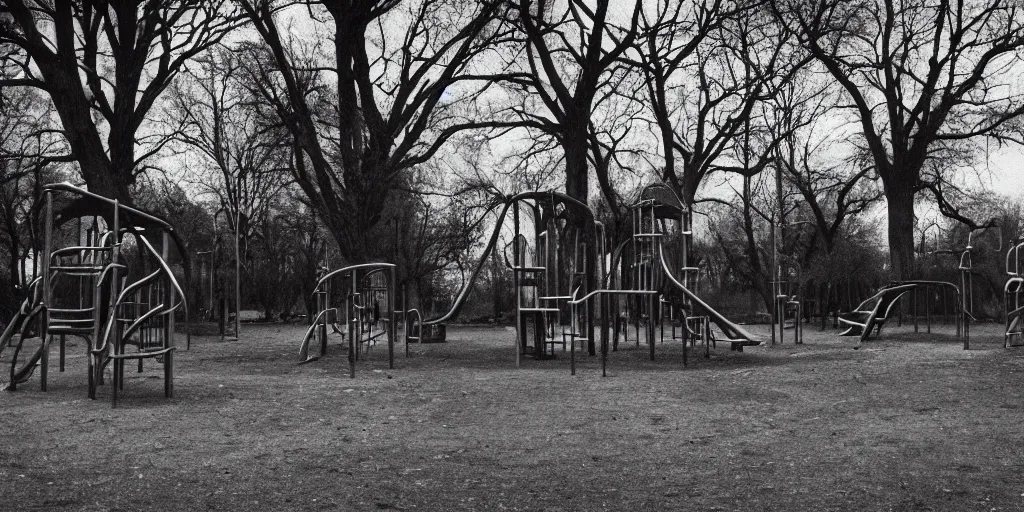 Image similar to a haunted playground from the 1930s full of ghosts at night, swings, horror movie aesthetic, evil, cinematic