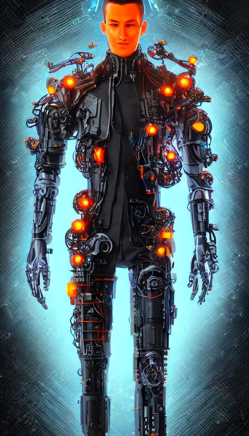 Image similar to full body head to toe portrait of a cyberpunk sci-fi cyborg netrunner bionic man, third person, D&D, sci-fi fantasy, matrix , intricate, black with shiny silver and orange fringe highlights, highly detailed, art by Range Murata, highly detailed, 3d, octane render, bright colors, digital painting, trending on artstation, sharp focus, illustration style of Stanley Artgerm, dramatic background