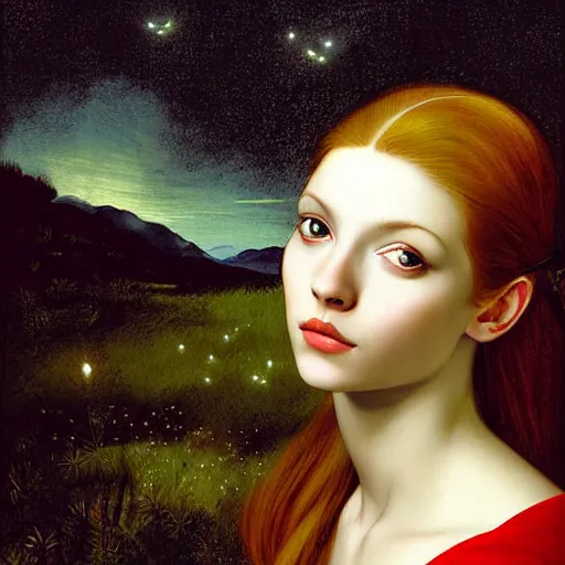 Prompt: sharp, intricate fine details, breathtaking, digital art portrait of a red haired girl with green eyes softly smiling in a dreamy, mesmerizing scenery with fireflies, art by caravaggio