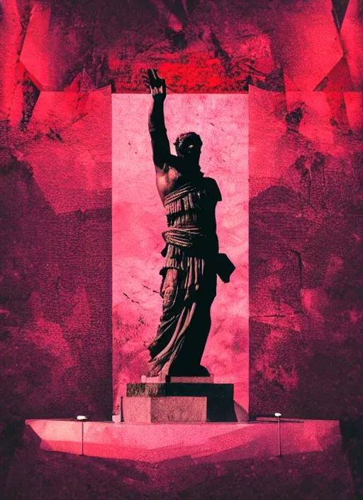 Prompt: black background with subtle red and purple design elements, statue of julius caesar, nekro, collage art, thin lines, dark, glitch art, neo vaporwave, gritty, layout frame, trending on artstation