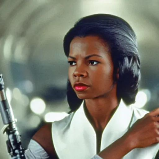 Image similar to young woman Condoleezza Rice as Han Solo in Star Wars, movie still, cinematic Eastman 5384 film