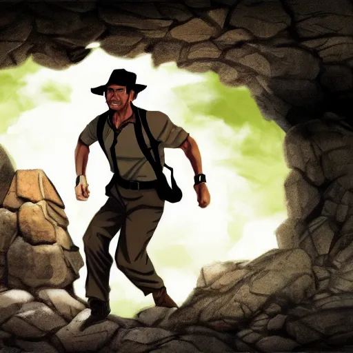 Image similar to Indiana Jones being chased by a boulder trap underground, boulder chase, inside ancient stone temple background, Indiana Jones running away from big round stone, raiders of the lost ark, detailed background, anime key visual