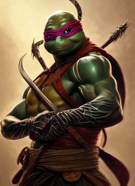 Image similar to Portrait of ninja turtle, D&D, muscular, fantasy, intricate, elegant, highly detailed, digital painting, artstation, concept art, smooth, sharp focus, illustration, art by artgerm and greg rutkowski and alphonse mucha