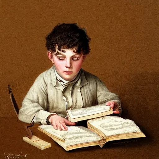 Image similar to 1830s young boy trying to read a book, highly detailed, digital painting, artstation, concept art, art by artgerm and Johfra Bosschart