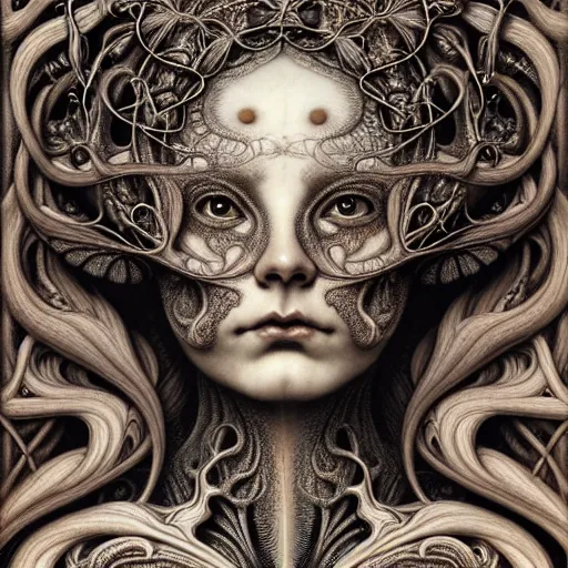 Prompt: detailed realistic porcelain beautiful calaveras goddess face portrait by jean delville, gustave dore, iris van herpen and marco mazzoni, art forms of nature by ernst haeckel, art nouveau, symbolist, visionary, gothic, neo - gothic, pre - raphaelite, fractal lace, intricate alien botanical biodiversity, surreality, hyperdetailed ultrasharp octane render
