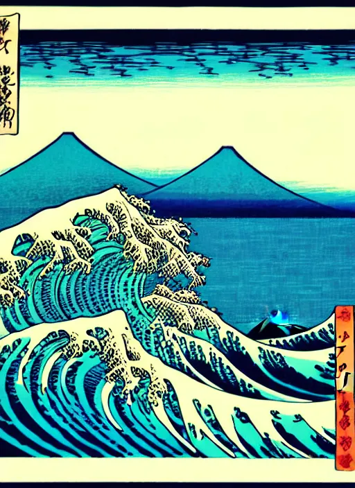 Prompt: a painting of waves in the ocean with mountains in the background, a woodcut by utagawa hiroshige ii, pixiv, ukiyoe, ukiyoe, vaporwave, woodcut