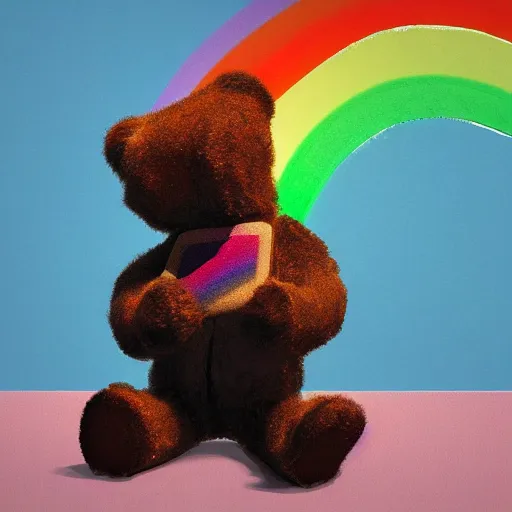 Image similar to teddy bear vomiting rainbow, photorealistic