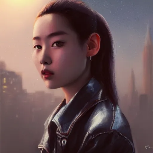 Prompt: closeup portrait of a young cristy ren, dramatic lighting, city background, night, moon, chiaroscuro, high detail, painted by greg rutkowski, painted by igor kieryluk, painted by bobby chiu, trending on artstation
