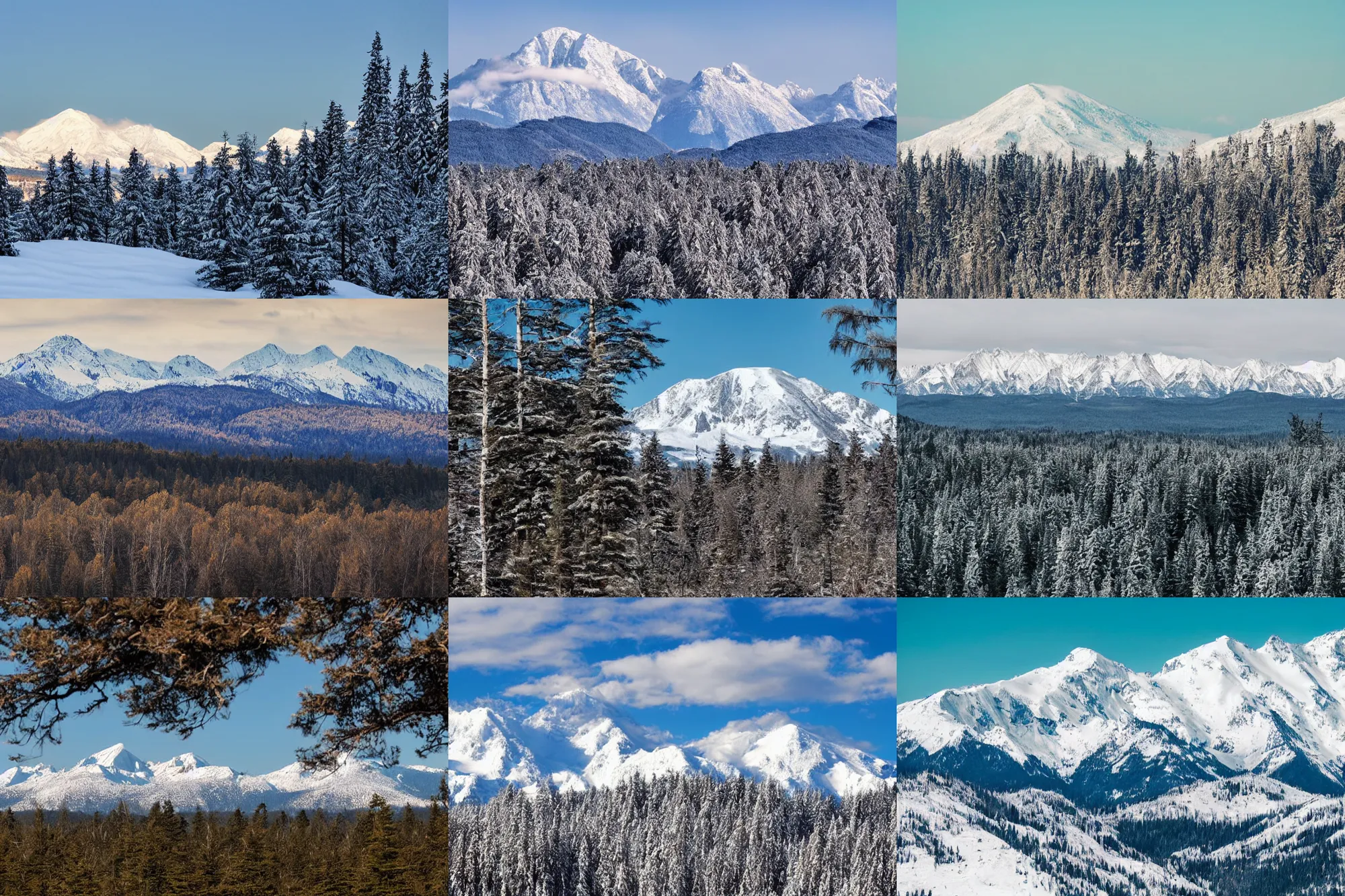 Prompt: long distance photo of snowy mountain range rising from forest and plains