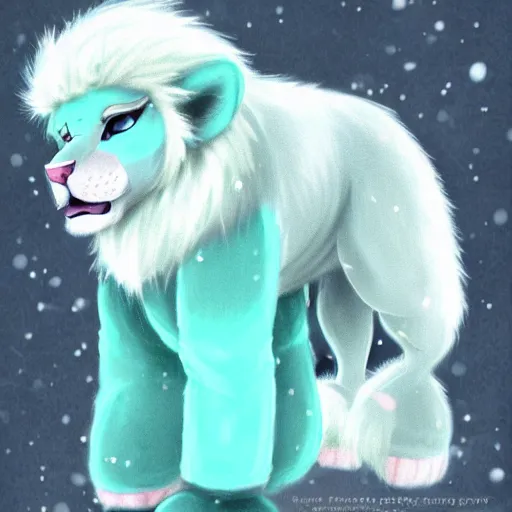 Image similar to aesthetic portrait commission of a albino male furry anthro lion wearing a cute mint colored cozy soft pastel winter outfit, winter atmosphere. character design by chunie, kristakeshi, sigmax