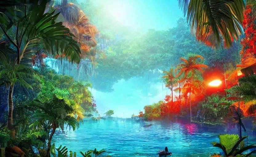 Image similar to a tropical resort in a jungle paradise, with a beautiful red and blue sunset, dynamic lighting, photorealistic fantasy concept art, trending on art station, stunning visuals, creative, cinematic, ultra detailed, ray tracing, sun rays, native tribes, wonderous waters, amazing detail