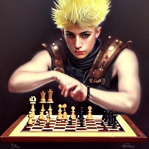 Image similar to man with spiky hair, wearing very complex steampunk armor, playing chess, oil painting, soft style, hyperrealism, beautiful, high resolution, trending on artstation