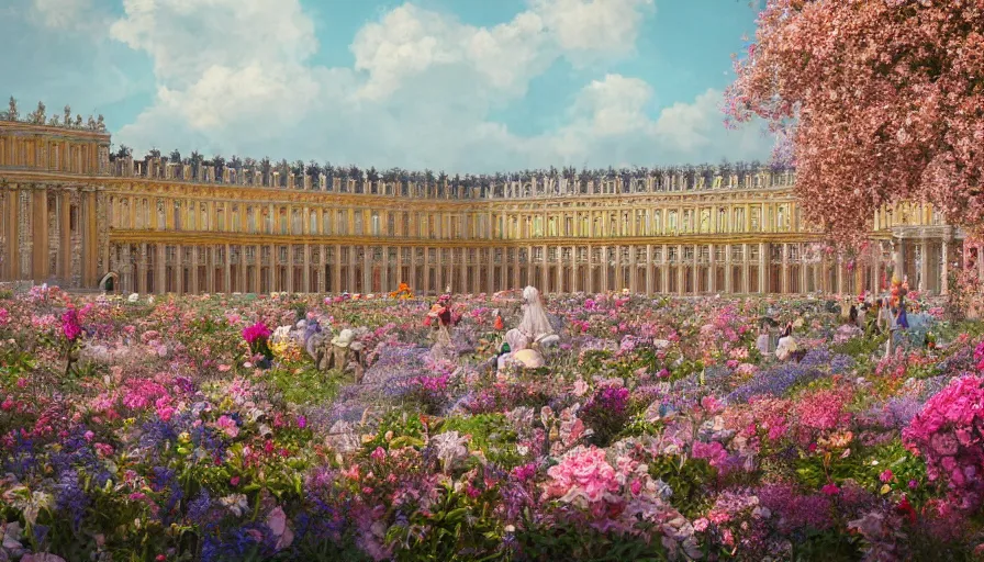 Image similar to palace of versailles covered by flowers, sunny day, crowd, hyperdetailed, artstation, cgsociety, 8 k