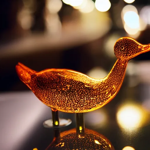 Prompt: real photo of a transparent duck made of glass in a crowded bar, trending on artstation