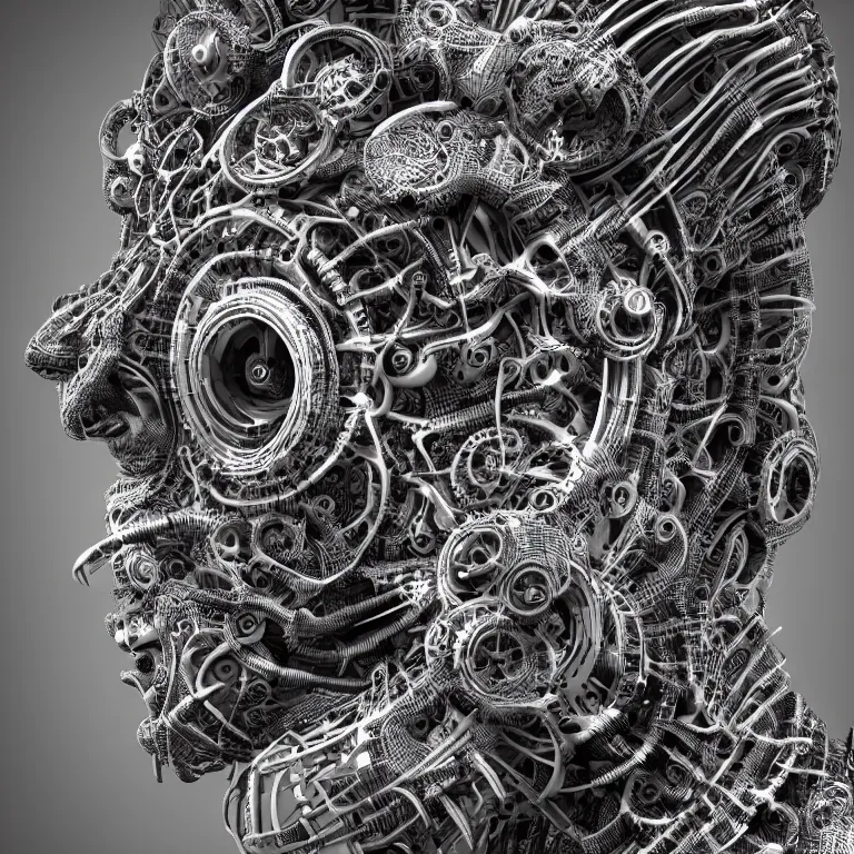 Prompt: surreal biomechanical spinal ribbed tribal organic face portrait of mechanical animal, beautiful detailed intricate insanely detailed BW 3D render digital art, octane render, 8K artistic photography, photorealistic