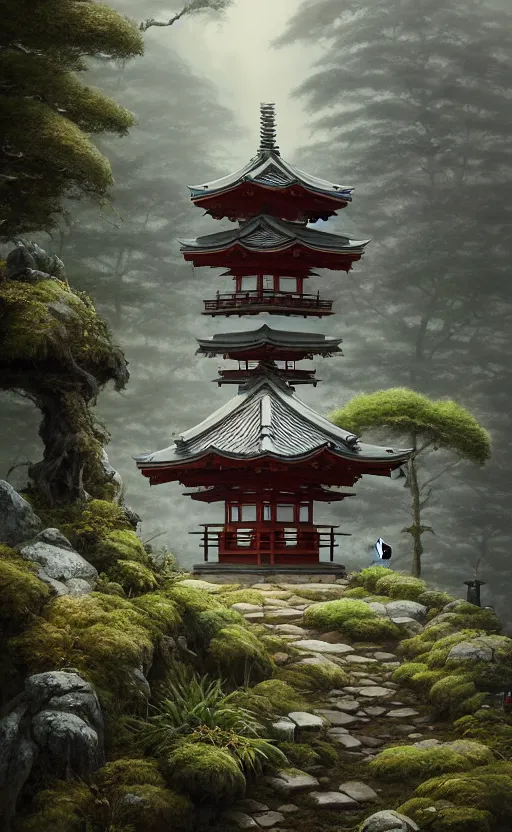 Image similar to japanese style shrine on top of a misty mountain overgrown, hyper realistic, lush gnarly plants, 8 k, denoised, by greg rutkowski, tom bagshaw, james gurney cinematic lighting