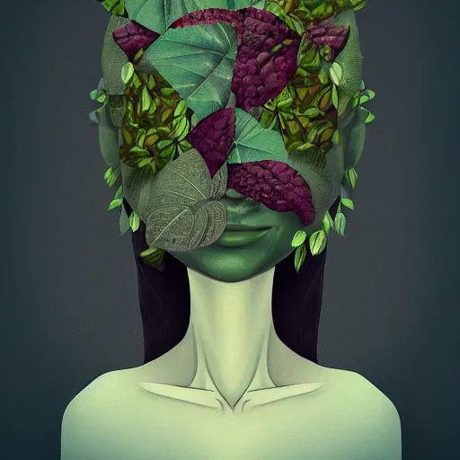 Prompt: face portrait of a polygon art, plants on head, inspired by lois van baarle, cinematic, 8 k