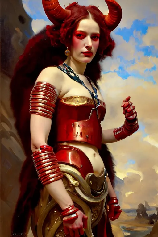 Image similar to painted close - up portrait of a very attractive red - skinned intimidating demon i robot girl with ram horns! oil painting, wearing a noblewoman's outfit, fantasy art by john singer sargent and gaston bussiere and james jean and greg rutkowski, demon noble character design, hd