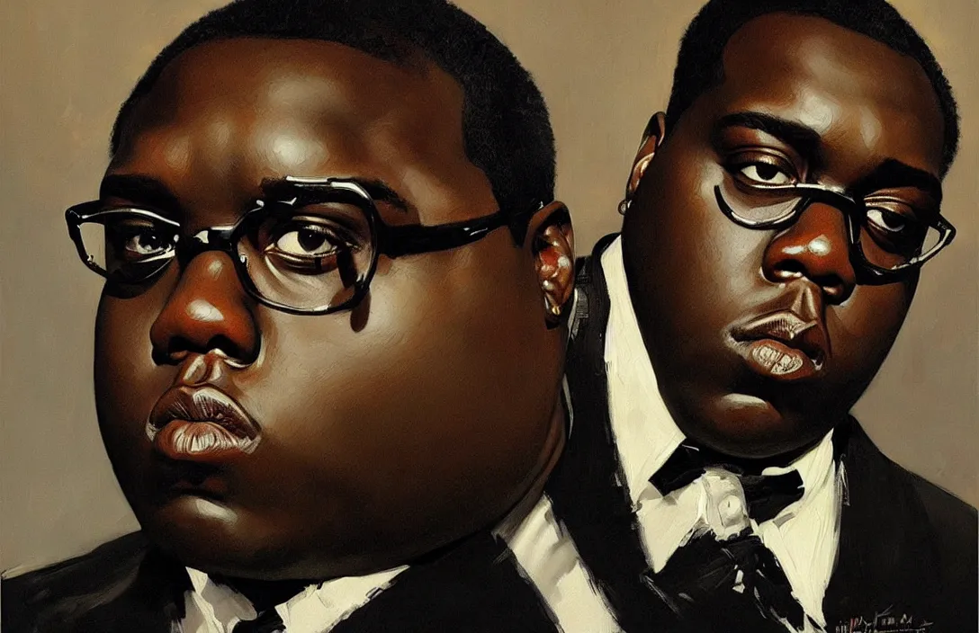 Prompt: portrait of the notorious b. i. g. as james bond!!!!!!!!!!!!!!!!!!!!!!!!!!!, detailed face, detailed painting, epic lighting, by ilya repin, phil hale and kent williams