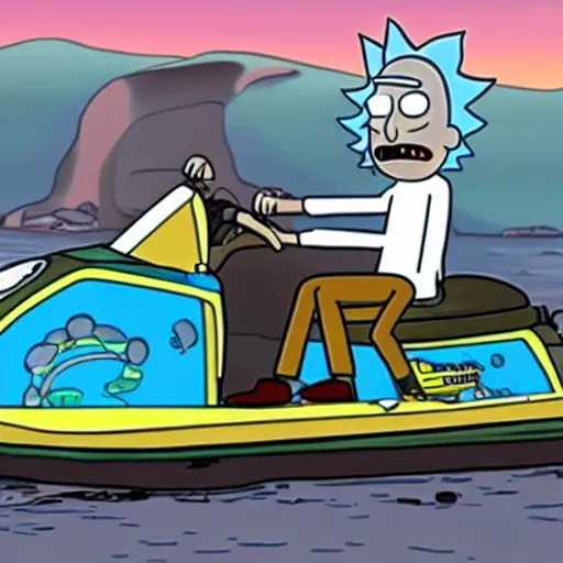 Image similar to rick and morty driving jetskis