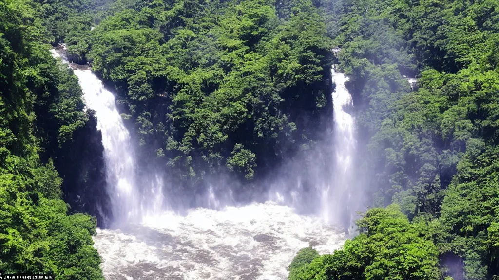 Image similar to the incense burner in the sun produces purple smoke, and the waterfall hangs on the front river ， the current flowed down three thousand feet, and it was suspected that the milky way had fallen for nine days