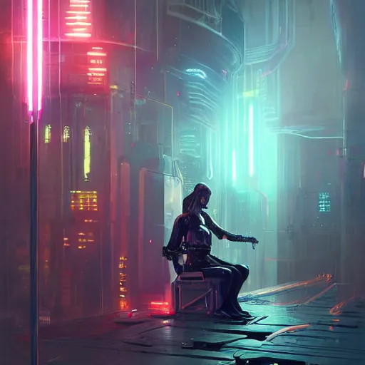 Image similar to cyberpunk cyborg bionic neon lights electricity sparks napoleon royal digital throne greg rutkowski