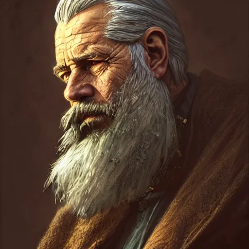 Prompt: old wizard, portrait, rugged, muscular, bearded, male, city landscape, norway, d & d, fantasy, intricate, elegant, highly detailed, digital painting, brown and gold color palette, cloth, octane render, concept art, matte, sharp focus, illustration, herrarthstone, art by artgerm and greg rutkowski and alphonse mucha