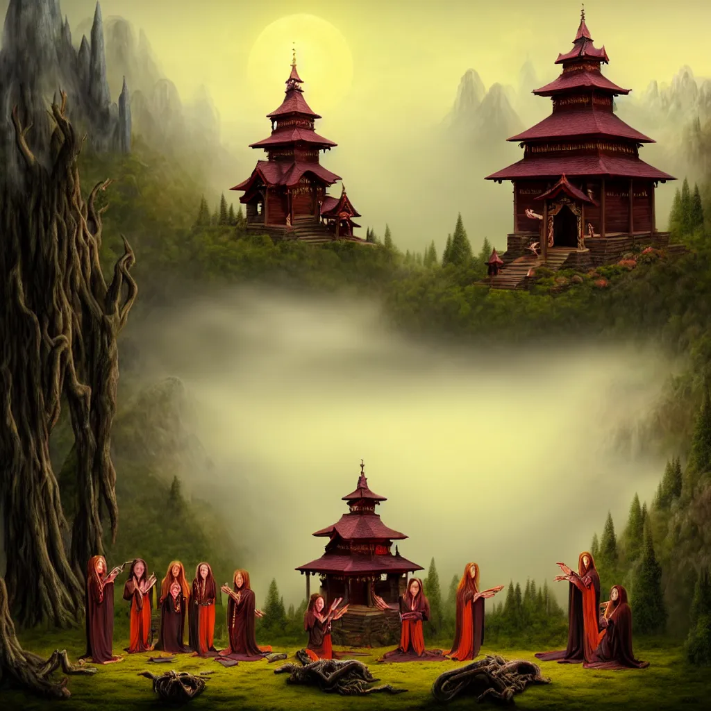 Prompt: evil witches performing a ritual around a wooden shrine, on a hill, a detailed matte painting, fantasy, foggy