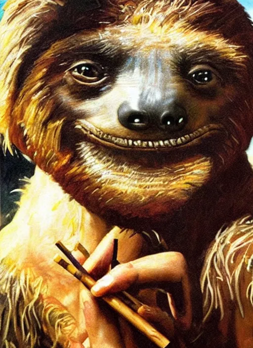 Prompt: ultra realistic portrait painting of a stoner as a sloth smoking a lit joint, art by frank frazetta, 4 k, ultra realistic, highly detailed, epic lighting