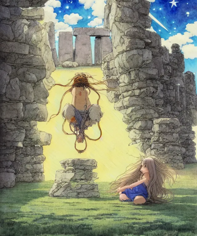 Image similar to a hyperrealist studio ghibli watercolor fantasy concept art. in the foreground is a giant long haired grey sasuatch sitting in lotus position on top of stonehenge with shooting stars all over the sky in the background. by rebecca guay, michael kaluta, charles vess