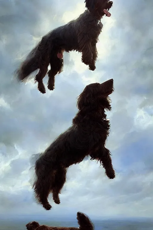 Prompt: beautiful oil painting portrait of ancient bernedoodle dog hovering in the air levitating and ascending in stations of the cross pose, art by anders zorn, wonderful masterpiece by greg rutkowski, expressive brush strokes, beautiful cinematic light, american romanticism by greg manchess, jessica rossier
