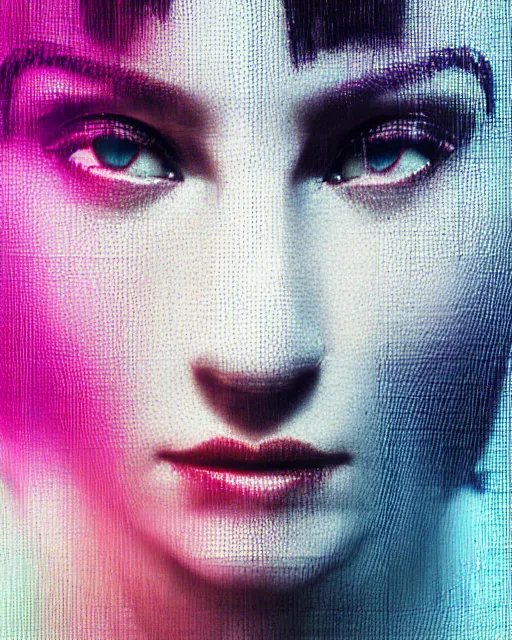 Image similar to A broken monitor with the calm face of an AI woman on it. Very very very strong glitches on the monitor. The face is glitches. Scanlines and jitter effects. Extremely high detail, glitchcore, glitches, glitch, cyberpunk, deep colors, 8k render